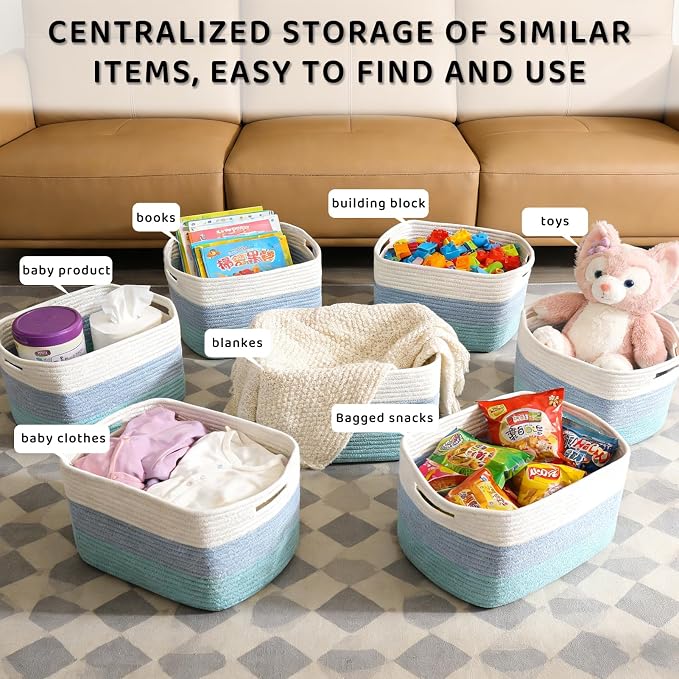 4 Pack Storage Baskets for Organizing, 11''Lx9''Wx8''H Woven Baskets for Storage Toys, Towels, Books, and Clothes, Cotton Rope Basket for Shelves with Handle