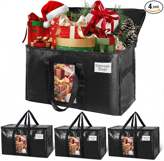 TAILI Extra Large Moving Bags, 4 Pack Black Heavy Duty Totes For Storage with Visible Window, Wrap Around Handles, Storage Bags for Space Saving, Alternative to Moving Boxes
