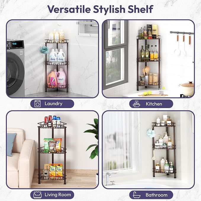 SWTYMIKI Standing Shower Caddy Corner - 3‑Tier Stainless Steel Shower Organizer Shelf with 12 Hooks and Adhesive Pads, Rustproof Corner Shelves Stand Rack for Bathroom Shower Room, Bronze