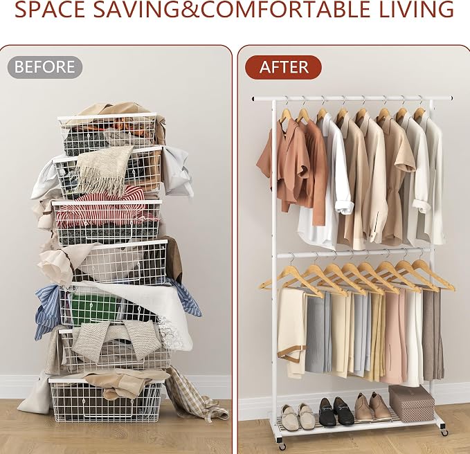 Sywhitta Double Rod Metal Clothing Rack on Wheels with Bottom Mesh,White | Rolling Garment Organizer, for Hanging Clothes,Coats,Easy to Assemble,Space-Saving,Mobile Organizer for Closet