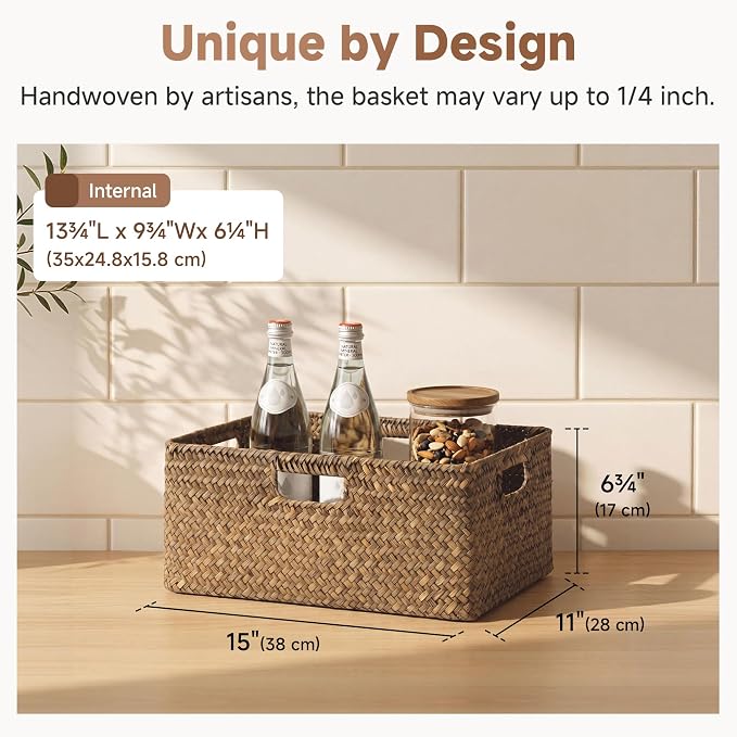 StorageWorks Large Wicker Baskets for Storage, Woven Baskets for Storage | Seagrass, Pantry Shelves, Kitchen Closet, Laundry, Bathroom, Table, Decorative, Book, Towel, Blanket, Toy, Medium, Handle