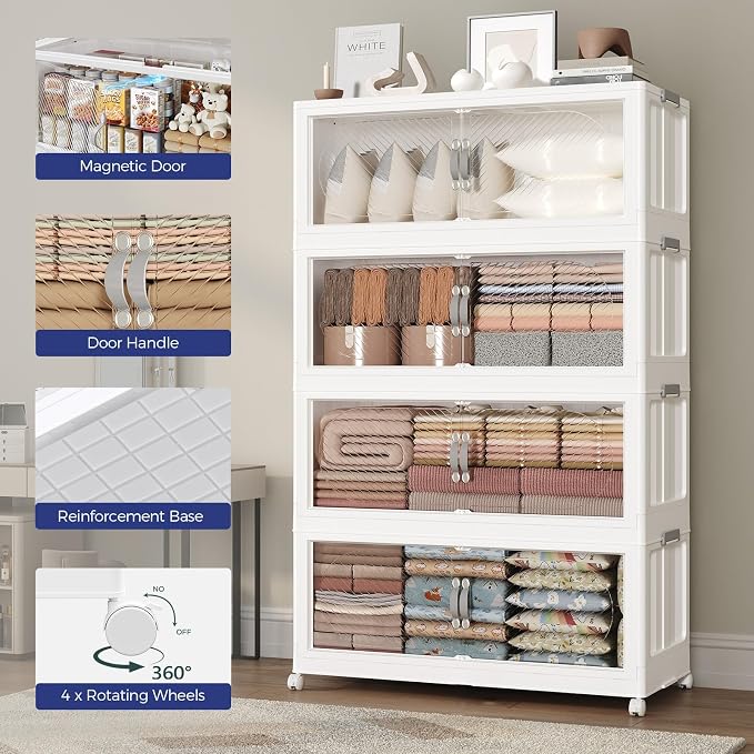 800QT Extra Large Stackable Storage Bins with Lid, 200Gal Plastic Closet Organizers and Storage Drawer, Collapsible Cabinet Box with Wheels Clear Doors for Home Kitchen Office, 5Pack White
