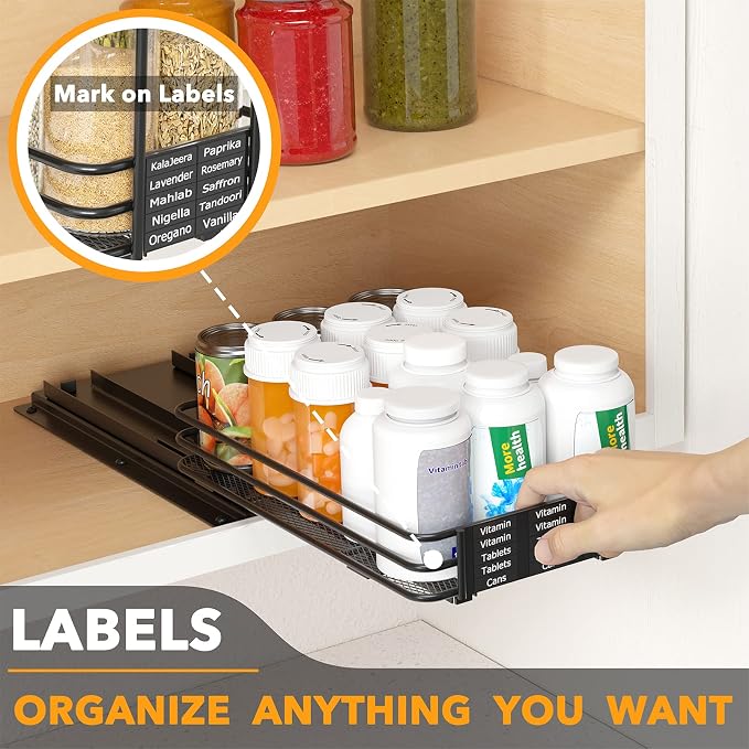 SpaceAid Pull Out Spice Rack Organizer for Cabinet, Heavy Duty Slide Out Seasoning Kitchen Organizer, Cabinet Organizer, with Labels and Chalk Marker, 6.5" W x10.75 D x2.5 H, 1 Drawer 1-Tier
