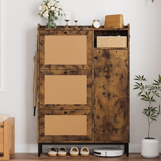 Garvee Shoe Cabinet with 3 Flip Drawers and 4-Tier Shoe Storage Cabinet, Freestanding Shoe Organizer with Adjustable Shelf and Rattan Doors for Entryway, Closet, Hallway