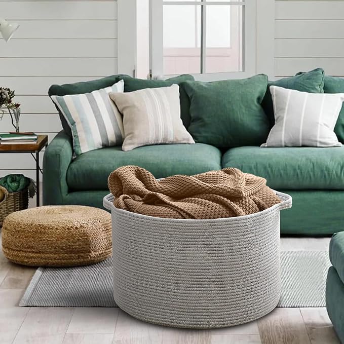 Extra Large Grey Storage Basket, 22" X 22" X 14" XXXL Blanket Basket for Living Room, Gray Wicker Woven Cotton Rope Baskets for Storage, Kids Toy Baskets Bins, Decorative Pillow Towel Basket