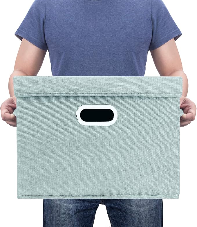 Large Storage Bins with Lids, Collapsible, Washable, Fabric Storage Boxes for Organizing, 17.3x11.8x11.4 inches, 3 Pack, Aqua Spring