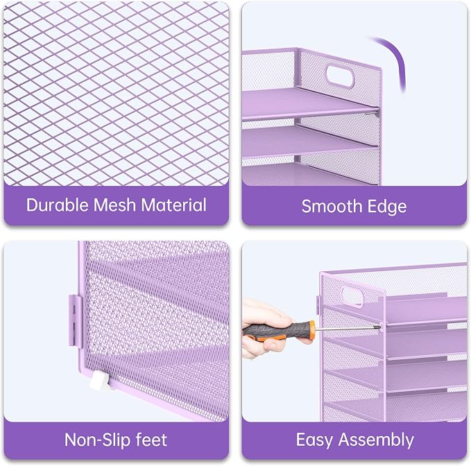 7 Tier Paper Organizer for Desk with Mesh Letter Trays and Handle Purple | Purple Desk File Organizer with Handle for Sorting Papers, Files, Folders, Mail, Bills and Office Supplies