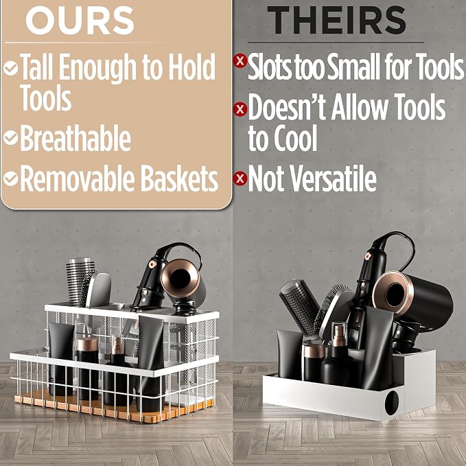 Hair Tool Organizer Countertop, Breathable Metal & Bamboo, Heat-Resistant | No Assembly Required, Removable Baskets, Heat-Resistant Iron, Bamboo Base, Spacious & Breathable Hot Tools Organizer Vanity