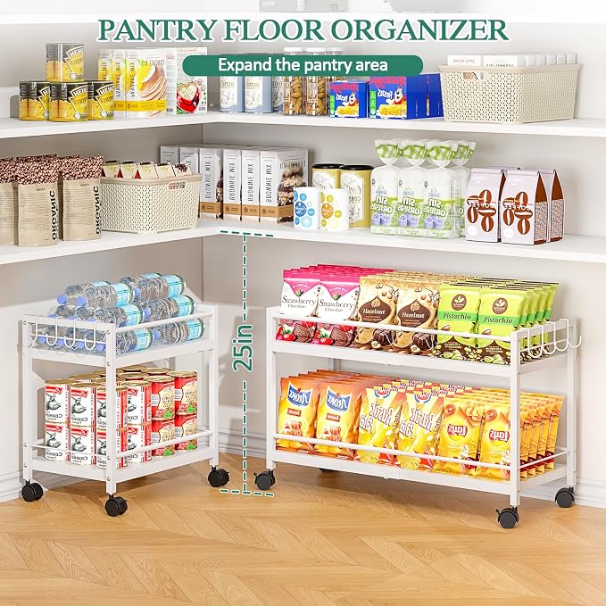 2 Pack 2-Tier Expandable Rolling Pantry Cart with Wheels, Adjustable Floor Organizer for Kitchen Pantry, Can Organizer for Pantry, Storage Cart for Snack, Food, Vegetables, White, Patent Pending