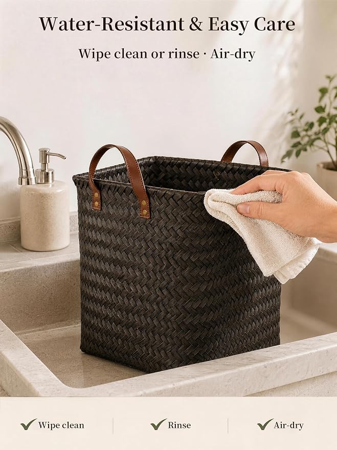 Wicker Storage Baskets, 4 Pack Woven Baskets for Shelves, Dark Gold | PP Rattan, Water-resistant Wicker Basket, Large Baskets with Faux Leather Handles for Blanket, Laundry Organizer, Room Decor