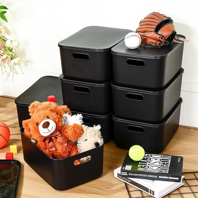 8 Pieces Colorful Storage Bins with Lid, Plastic Storage Basket Organizing Container Stackable Box with Handle for Shelves Desktop Playroom Office(13.8 x 9.8 x 5.9 Inch,Black)
