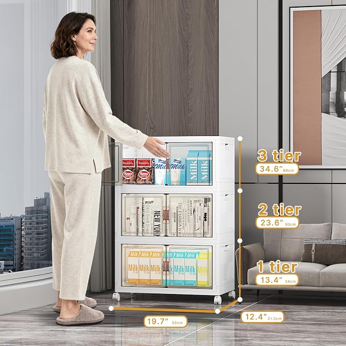 UAMFURI Stackable Storage Bins, 312QT Collapsible Drawers with 2 Lids | Large Capacity, Magnetic Door, Stack Lock, Rolling Wheels, Foldable Design, Organizers and Storage for Bedroom Dorm Garage