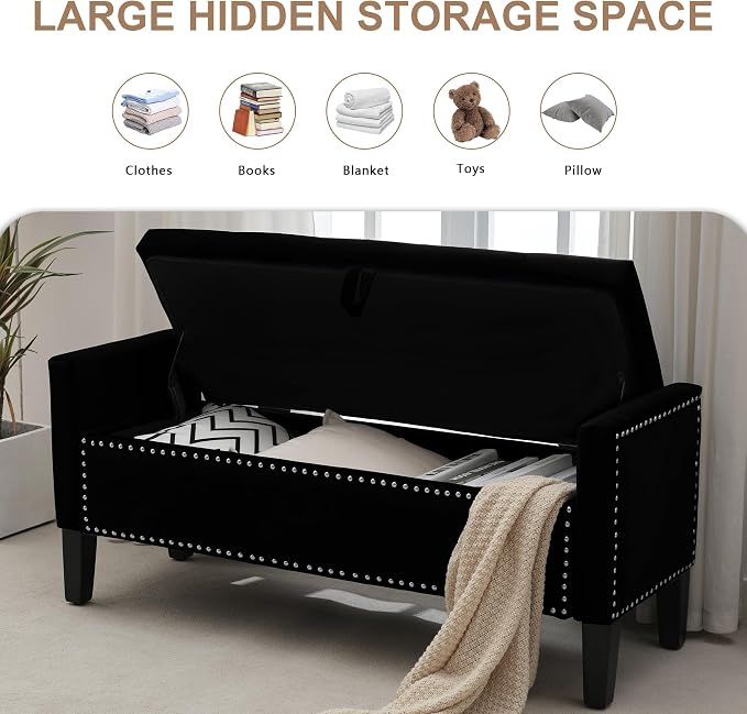 Velvet Storage Ottoman Bench, 46'' Upholstered Button Tufted End of Bed Bench, Modern Entryway Ottoman with Arms, Black