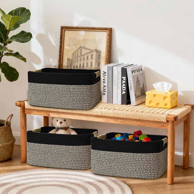 3 Pack Large Storage Basket for Organizing, 17.5"x13"x7" Woven Basket for Shelves, Closet Cube Storage Bins with Wrapped Handle, Cotton Rope Baskets for Kitchen, Clothes, Toys(Black & Brown)