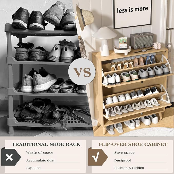 Fsbecl Shoe Storage Cabinet for Entryway with 2 Flip Drawers, Narrow Wood Shoe Cabinet with Fluted Panel, Freestanding Hidden Shoe Organizer for Hallway