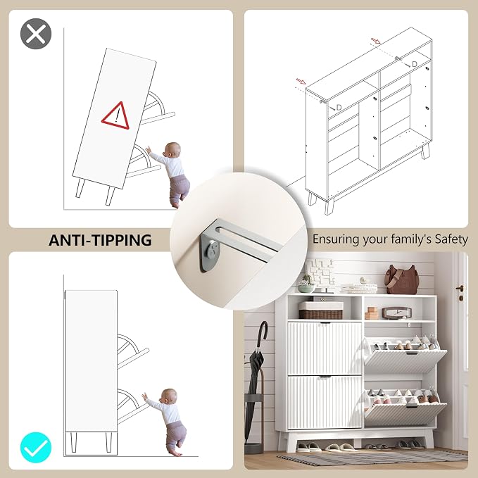 Shoe Cabinet Storage for Entryway with 4 Flip Drawers, Fluted Narrow Shoe Organizer with Wooden Legs & Top Cubby, Freestanding Slim Shoe Storage Hidden Shoe Rack for Front Door Entrance, White