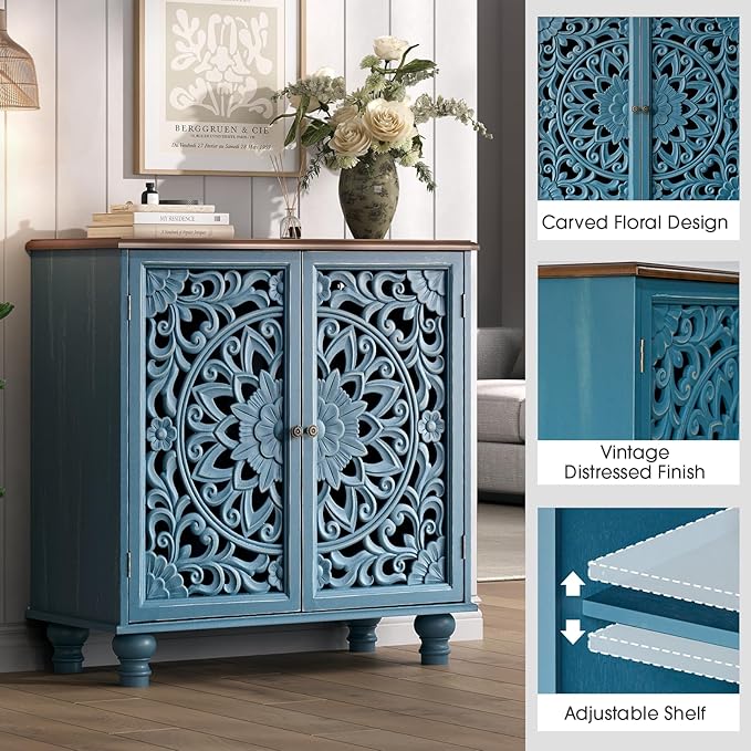 JOINICE 31" Accent Storage Cabinet with Mandala Carved Doors,Blue & Walnut | Carved Floral Design, Solid Wood Legs, Farmhouse Style, Versatile Storage for Living Room/Bedroom/Hallway, Adjustable Shelf