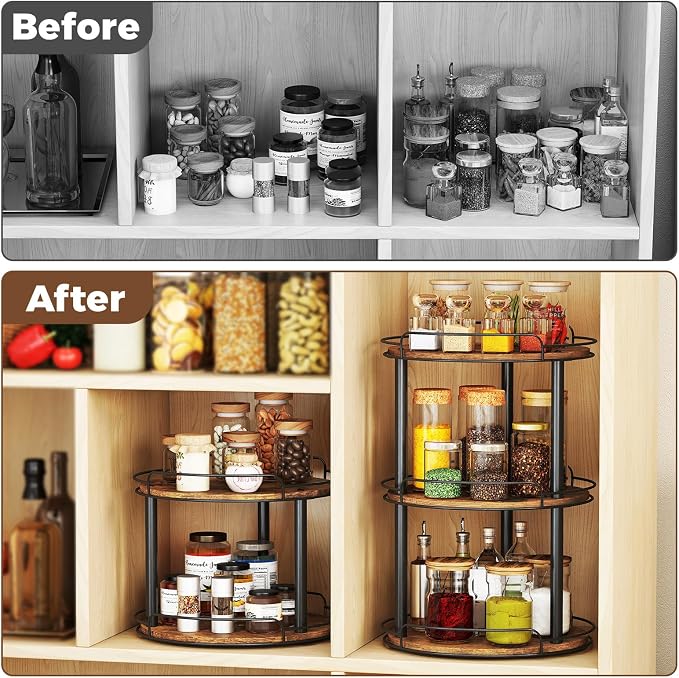 LAMU 12'' Wood Lazy Susan Turntable Organizer for Cabinet, 3 Tier Lazy Susan Spice Rack Organizer for Kitchen, Wood Turntable for Table Top, Countertop, Pantry, Bathroom