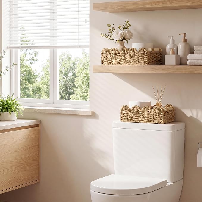StorageWorks Toilet Paper Storage Basket 2 Pack, Toilet Basket with Wooden Handles, Small Wicker Decorative Scalloped Baskets for Organizing, Living Room, Shelves, Brown Rope Baskets