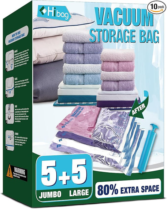 Vacuum Storage Bags, Vacuum Seal Bags for Clothing, 5 Jumbo 5 Large | Extra Large XL, Airtight Triple Seal, Save 80% Space, Hand Pump, Work with Vacuum, Double Zip, Reusable, Easy to Use