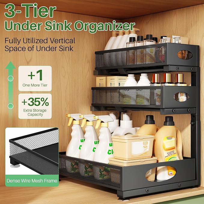 Kitstorack Under Sink Organizer 3-Tier Slide Out Drawer 1-Pack Black | Height Adjustable, Metal Mesh Storage Rack, Pull out Cabinet Organizer Shelf for Bathroom Kitchen Pantry Home Organization