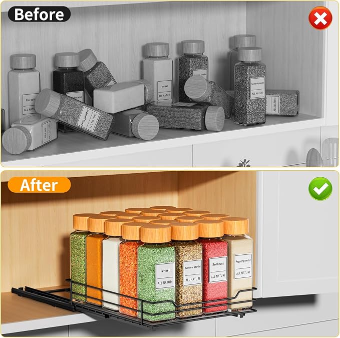 RCHYFEED Pull Out Spice Organization for Cabinet,8.5" Wx10.5 Dx2.5 H,1 Tier | Heavy Duty Slide Out for Inside Cabinet & Pantry, Kitchen Cabinet Seasoning Organizer,Vertical Spice Racks Storage Spices