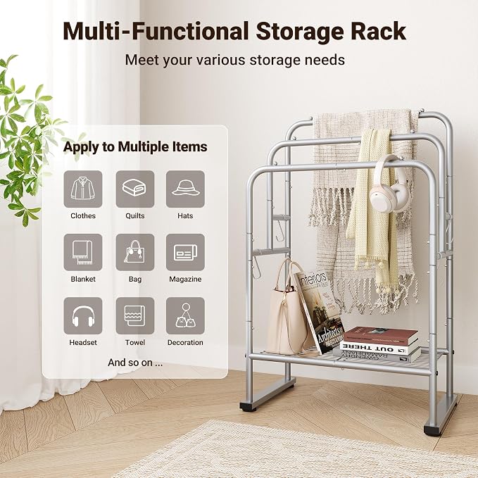 ELYKEN 40" H Freestanding Towel Rack with Shelf, 3 Tier Towel Stand, Silver | Metal Drying Rack for Oversized Bath Towels & Blankets, 4 Hooks, Indoor & Outdoor Use, Fits Bathroom, Tub, Shower, Poolside