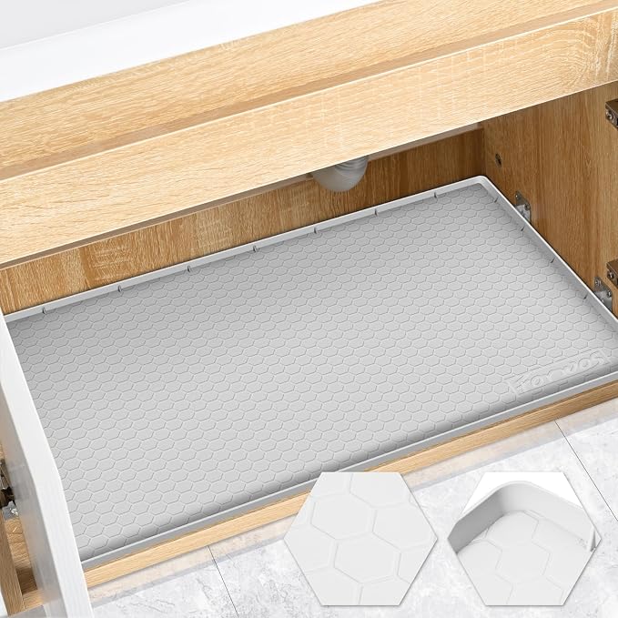 Silicone Under Sink Mat 34"x19", Waterproof Cabinet Liner, LightGrey | Shelf Liner, Cabinet Protector, Home Organizer, for Kitchen, Bathroom, Multipurpose, Leak Proof, Easy Clean, Drip Tray, Clean