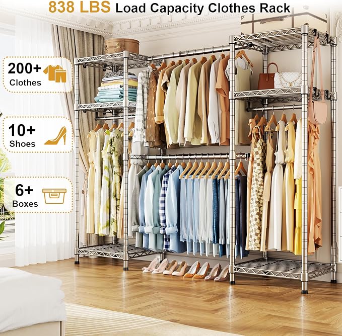 Ulif E7 Heavy Duty Closet Garment Rack, Clothes Storage Organizer System | Metal Freestanding Clothing Racks with 2 Extendable Rods and 6 Shelves, Portable Wardrobe Closets for Holding 838lbs, Chrome