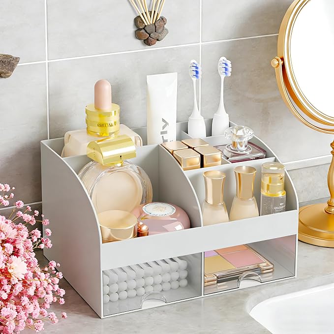 Makeup Organizer with 2 Drawers, Cosmetic Storage for Dresser Vanity and Bathroom Countertop,Make up organization and Skincare Storage with Beauty Brush Holder, Cosmetic Display Case (Grey)
