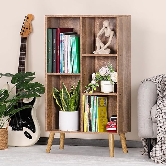 LEYAOYAO 5 Cube Bookshelf, Mid-Century Modern Book Shelf with Legs, Oak | 3 Tier Bookcase, Rustic Wood Bookshelves Freestanding Small Storage Organizer, Open Shelves for Bedroom, Living Room, Office