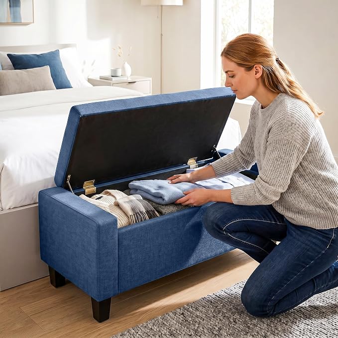 HOMCOM 36.6" Tufted Fabric Rectangular Storage Ottoman Bench Blue | With Armrests, Wooden Legs, Holds up to 528 lbs, for Entryway Living Room Bedroom