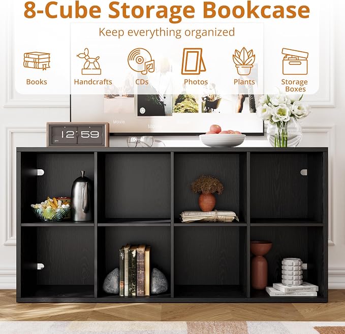 IRONCK 8-Cube Storage Organizer, Reversible Vertical Bookshelf, Black | 8-cube reversible shelf organizer. Bookshelf or TV stand. Extra-thick frame, FSC certified. Anti-tip.