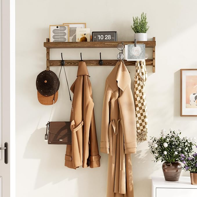 AMBIRD Wall Hooks with Shelf 28.9inch Entryway Wall Hanging Shelf, Wood Coat Hooks, Coat Rack Wall Mount Rack with 5 Dual Hooks, Glasses Organizer and Hat Organizer