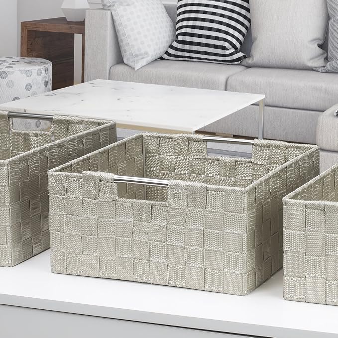 Sorbus Storage Box Woven Basket Bin Container Tote Cube Organizer Set Stackable Storage Basket Woven Strap Shelf Organizer Built-in Carry Handles (Beige)