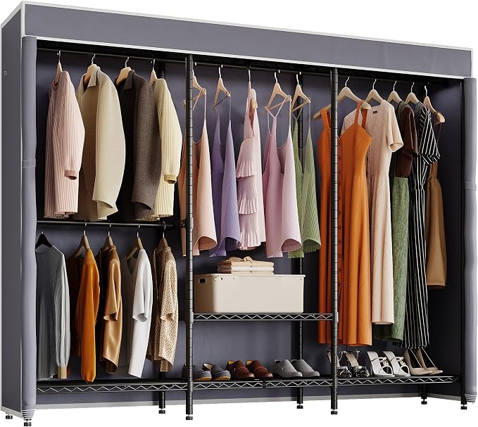 Higeego Heavy Duty Clothes Rack with Cover, Black with Grey Cover | Garment Rack with Cover, Clothing Rack for Hanging Clothes, Portable Closet with Dustproof Cover, with Adjustable Shelves