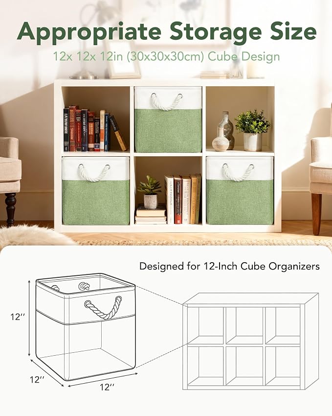 12x12 Inch Fabric Cube Storage Bins with Cotton Rope Handle 6-Pack | Top Support of Metal Frame, Bottom with Cardboard Support, Foldable Storage Bins for Closet, Bedroom, White Green