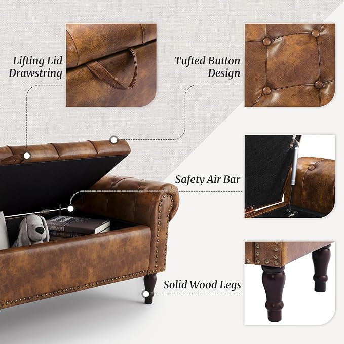 Storage Bench Ottoman, 61" Faux Leather Rolled Arm Bedroom End of Bed Bench, Window Bench with Button Tufted and Nailhead Trim for Foot of Bed Bench, Bedroom, Entryway, King Size, Brown