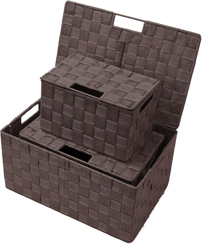 Sorbus Set of 3 Hand-Woven Storage Baskets with Lids – Decorative Wicker Organizers for Home, Closet, or Shelves (Choclate)
