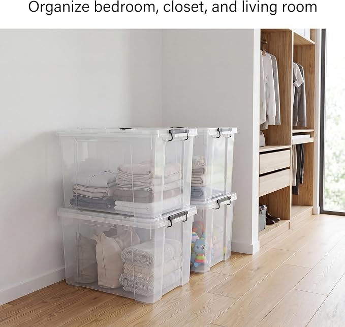 4 Pack 72 QT Plastic Storage Bins with Lids | Clear Stackable Bins with Secure Latches and Handles Heavy-Duty Storage Containers For Home Office and Garage Organization