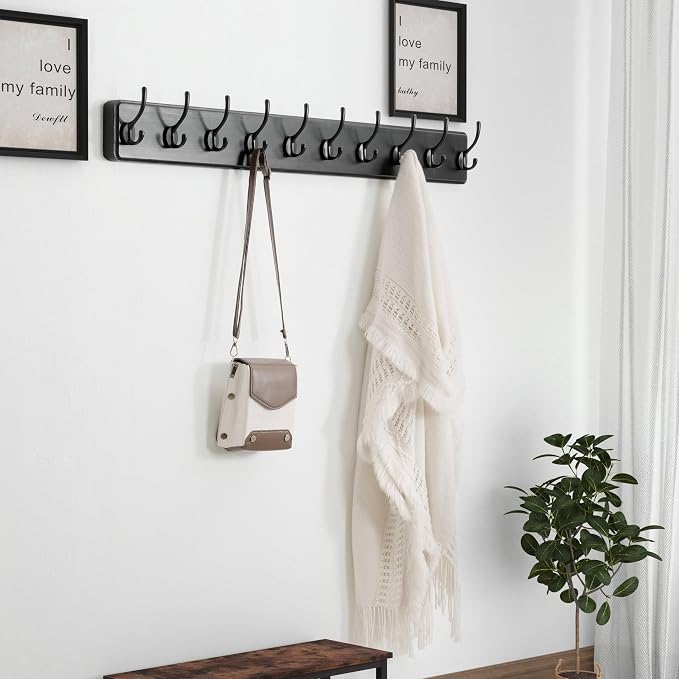 Coat Rack Wall: 38-1/4" Long, Patented, Heavy-Duty, 10-Double-Hooks Wooden Wall Mounted Coat Rack Coat Hanger Hook Rail for Winter Coats Hat Jacket Clothing, Black