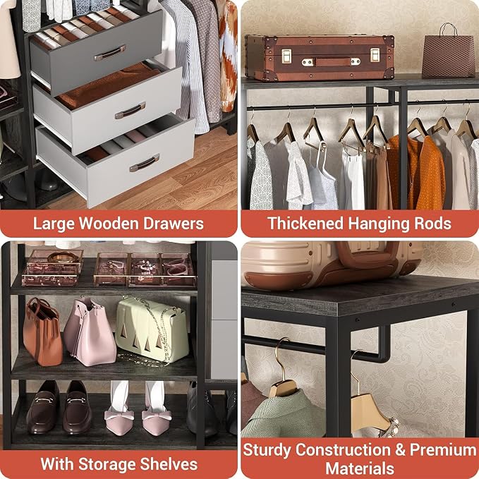 Freestanding Closet Organizer System with 3 Drawers, 6FT Heavy Duty Clothing Rack with Shelves and 6 Hanging Rods, Large Corner L Shaped Garment Rack, Grey Oak