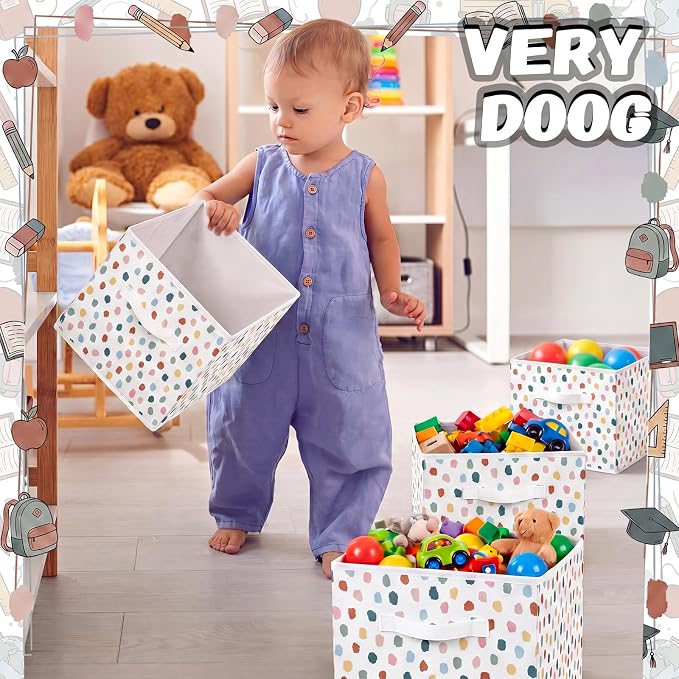 6 Pcs 11 Inch Polka Dots Fabric Storage Cube Bin Woven Foldable Storage Cubes for Classroom Basket Bin Classroom Organizer with Handle Decor for Organizing Clothes, Toy, Book