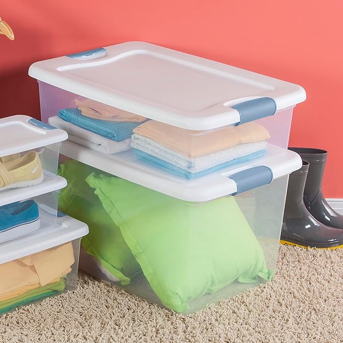 Sterilite Latching Box with Lids for Home and Office, 32 Quart, 12-Pack | Heavy-Duty and Stackable Plastic Containers with Latches for Closet, Cabinet, Bedroom, Bathroom and Dorm Room Organization