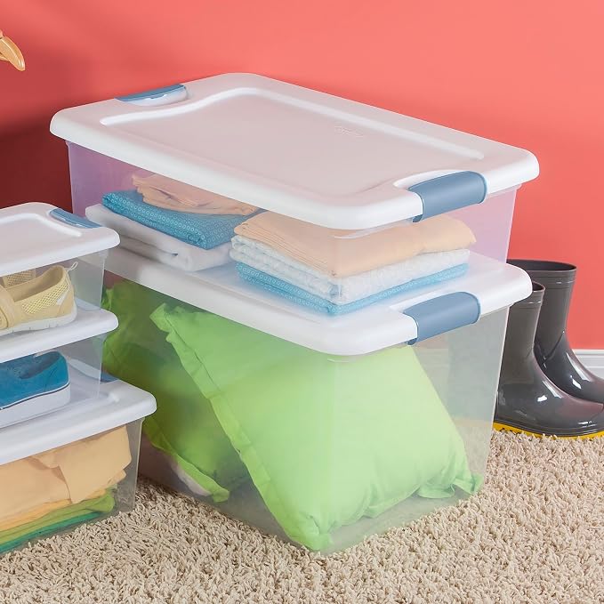 Sterilite Latching Box with Lids for Home and Office, 32 Quart, 24-Pack | Heavy-Duty and Stackable Plastic Containers with Latches for Closet, Cabinet, Bedroom, Bathroom and Dorm Room Organization