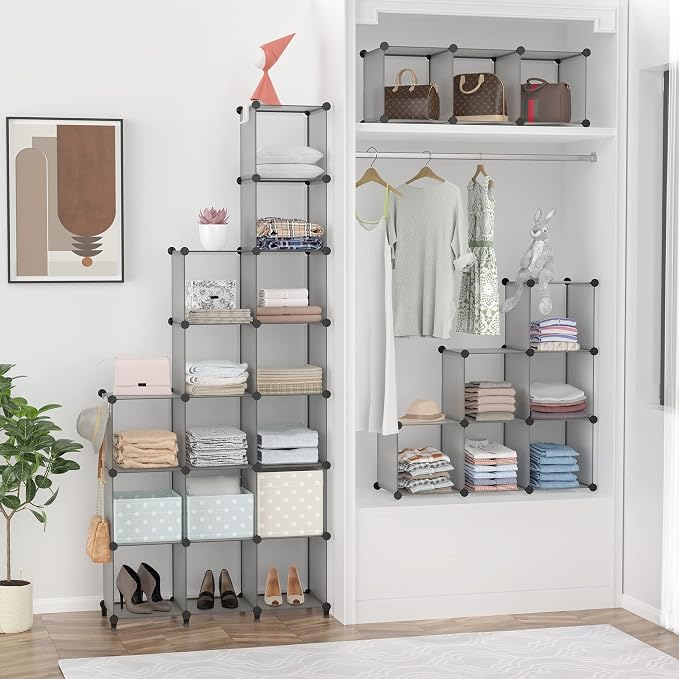 HOMIDEC Closet Organizers and Storage, 16 Cube Storage Organizer | Portable Closet Organizer Cubes Shelves for Clothes, Bedroom, Wardrobe, Kids Room, Bathroom, Grey
