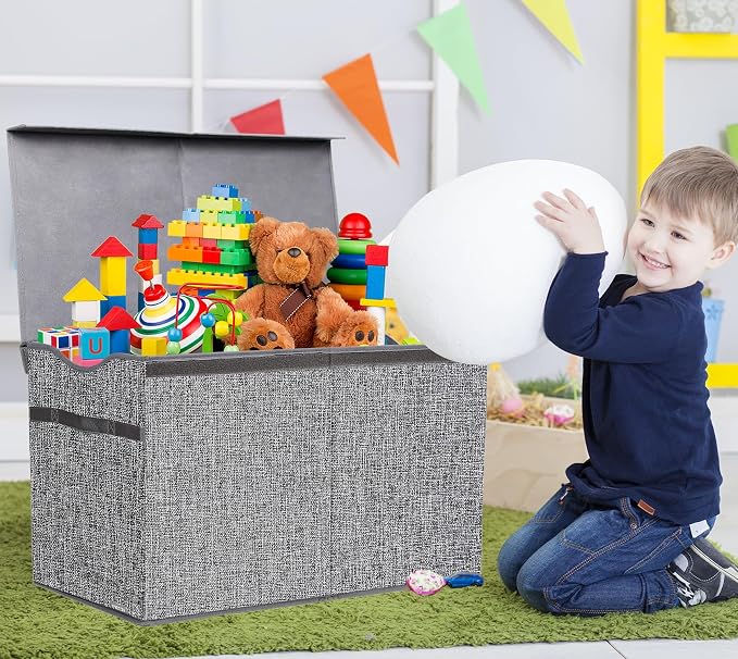 YOLOXO Toy Box Chest, Collapsible Sturdy Storage Bins with Lids, Extra Large Kids Toy Storage Organizer Boxes Bins Baskets for Kids, Boys, Girls, Nursery Room, Playroom, Closet (Linen Gray)