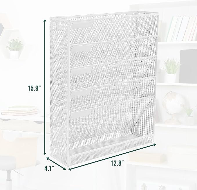 EASEPRES 6 Tier Mesh Hanging Wall File Organizer, Desk Vertical Mail Paper Document Folder Holder Rack with Bottom Tray and Nametag Label for Office Home School, White