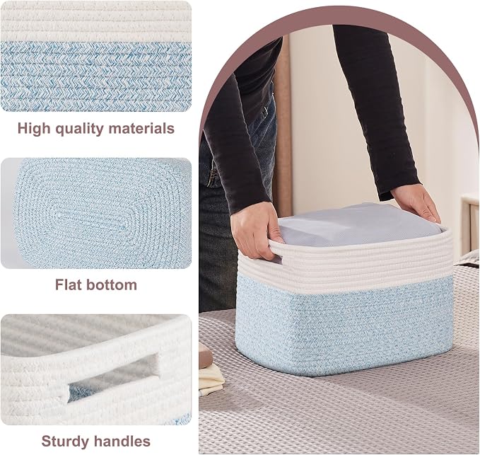 OIAHOMY 4 Pack Storage Basket, 13"x9"x7.8" Cotton Rope Baskets for Shelves, Closet Organizer for Bedroom & Living Room, Soft Decorative Bins for Organizing Towels, Books & Toys, Light Blue & White