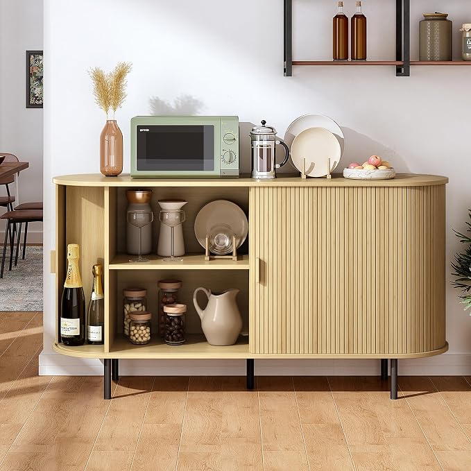 55" Sideboard Buffet Cabinet with Storage, Sliding Door & Adjustable Shelf, Modern Accent Coffee Bar Console Table for Kitchen, Entryway, Oak
